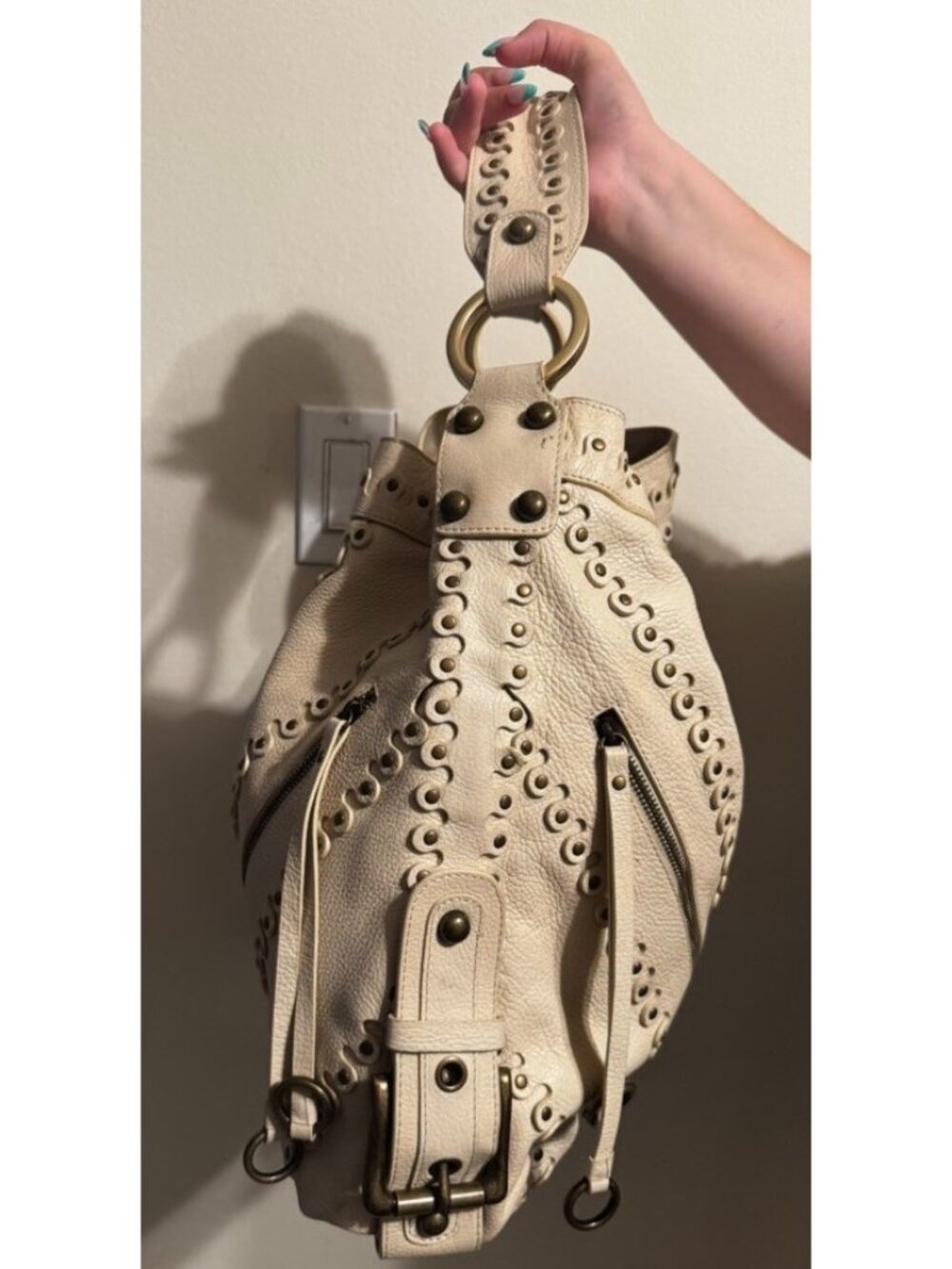 Vtg Besso Cream Italy Studded Leather Shoulder hobo Bag Y2K Western Boho Buckle - Picture 4 of 16